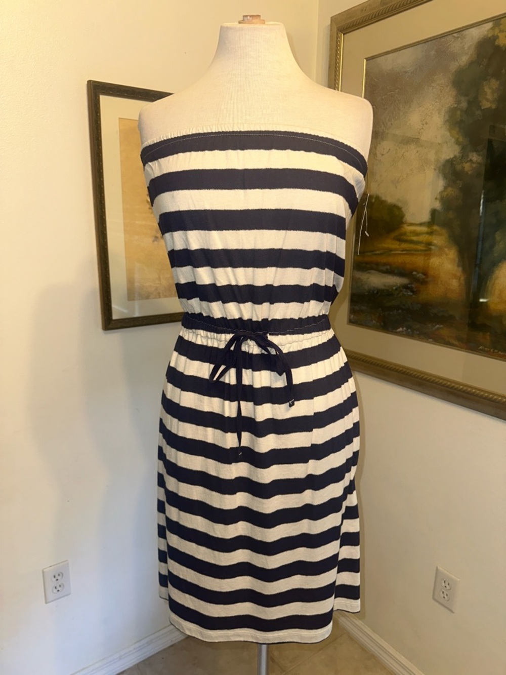 NWT Tommy Hilfiger Striped Navy and White Strapless Drawstring Dress Size Medium